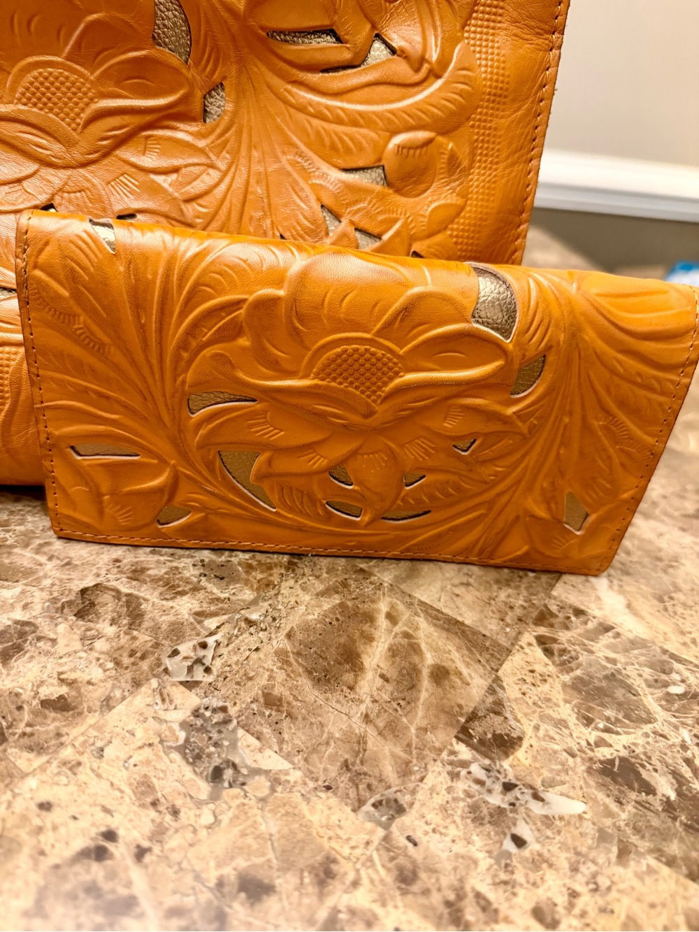Patricia Nash Hand-Tooled Floral Leather Tote and Wallet - Caramel Brown - Picture 2 of 15